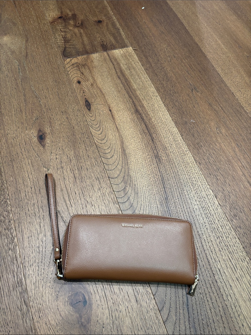 Michael Kors Tan Leather Zip Wristlet Wallet with Gold Hardware
